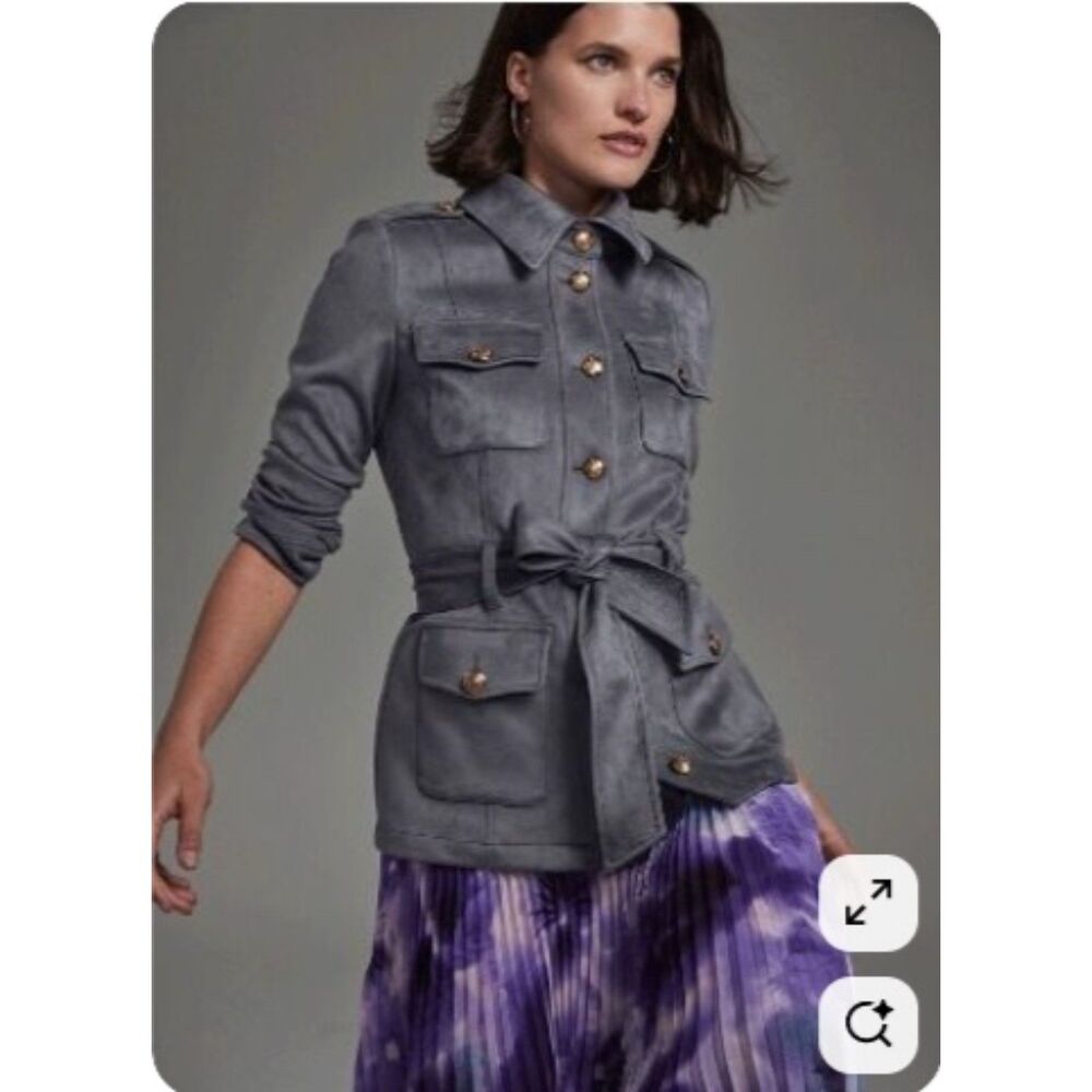 NWT $195 White House Black Market Grey Ultra Suede Belted Safari Jacket M - Picture 2 of 7